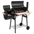Outdoor Charcoal Grill with Offset Smoker, BBQ Grill with Wheels and Wood Spice Shelf for Picnic, Camping, Cooking