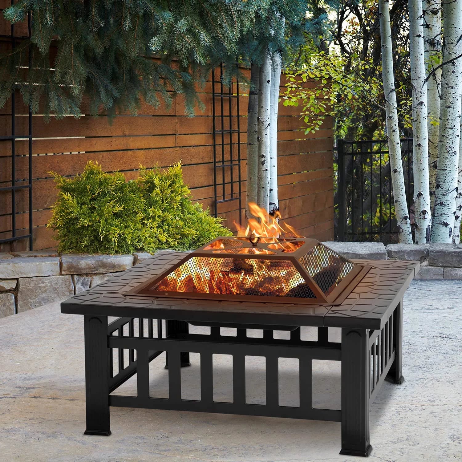 FDW 32 Outdoor Metal firepit for Patio Wood Burning Fireplace Square Garden Stove with Charcoal Rack, Poker & Mesh Cover for Camping