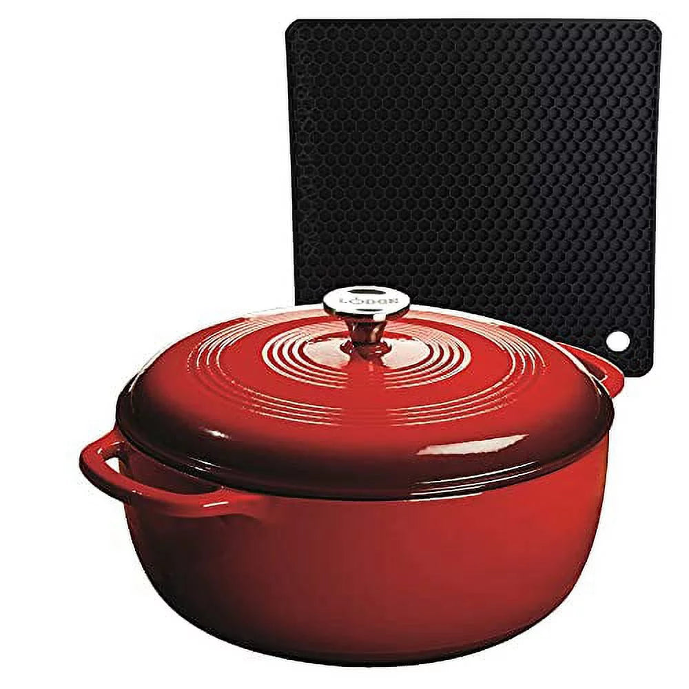 Lodge Red Enameled Dual Handles Cast Iron 7.5qt Dutch Oven with Lid and Signature Series Heat Resistant Silicon Pot Holder Trivet Mat