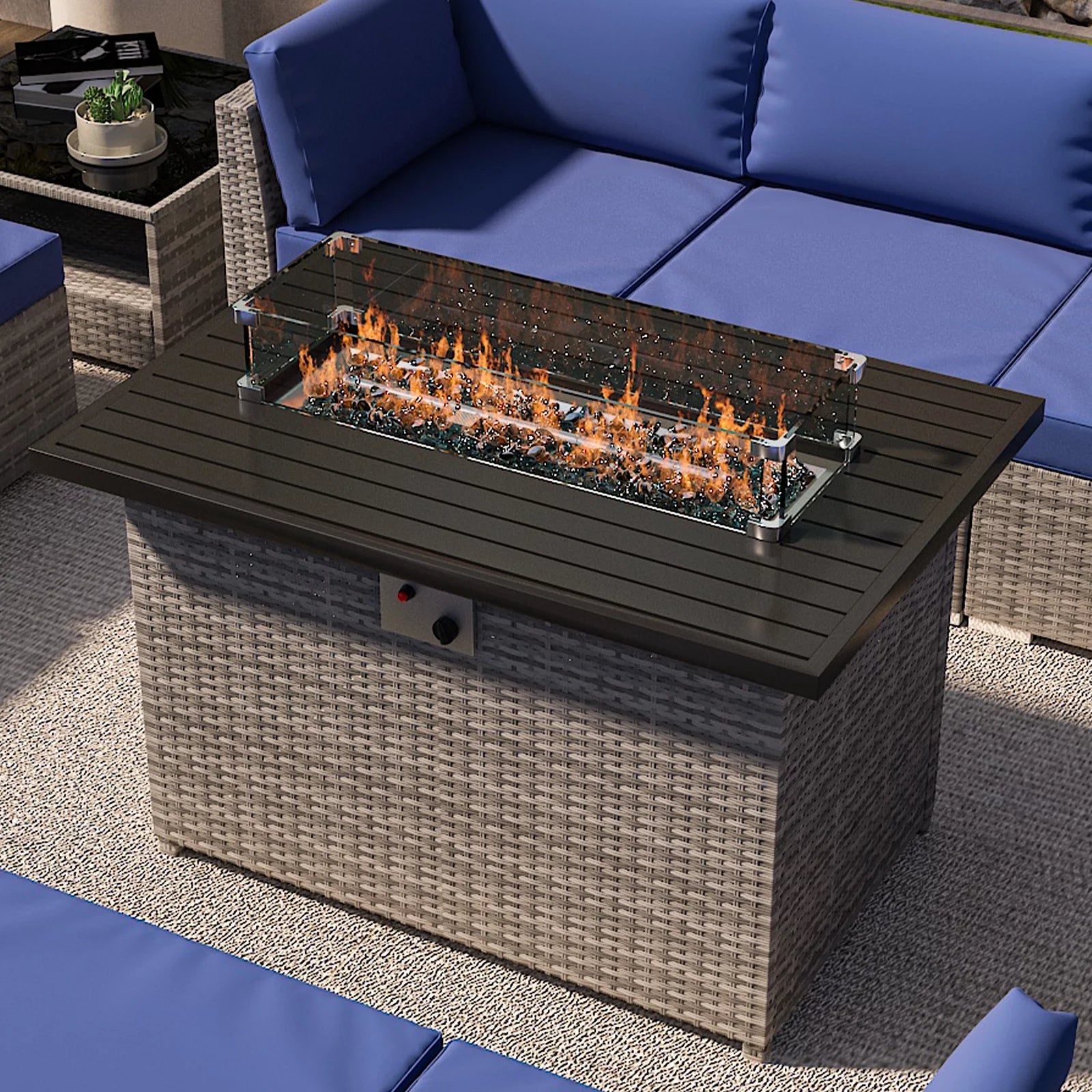 EAGLE PEAK 42 Inch Outdoor Propane Gas Fire Pit Table, 50,000 BTU Auto-Ignition Rectangular Gas Fire Pit with Glass Wind Guard, Gray PE Rattan, CSA Certification