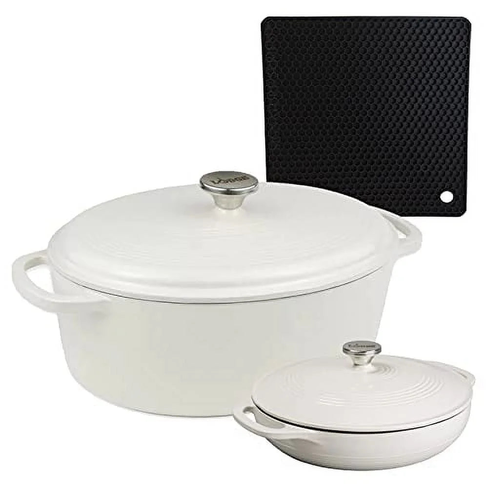 Lodge 2-Piece Enameled Cast Iron Dutch Oven and Covered Casserole Dish Cookware Set with Dual Handles, Oyster - Includes 7qt Oval Dutch Oven and 3.6qt Casserole Pan with Signature Series Trivet