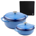 Lodge 2-Piece Enameled Cast Iron Dutch Oven Cookware Set with Dual Handles and Lids, Blue - Includes 3qt, 6qt Dutch Ovens with Signature Series Trivet