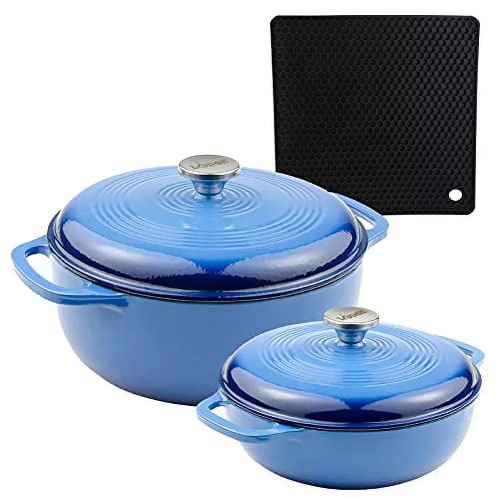 Lodge 2-Piece Enameled Cast Iron Dutch Oven Cookware Set with Dual Handles and Lids, Blue - Includes 3qt, 6qt Dutch Ovens with Signature Series Trivet
