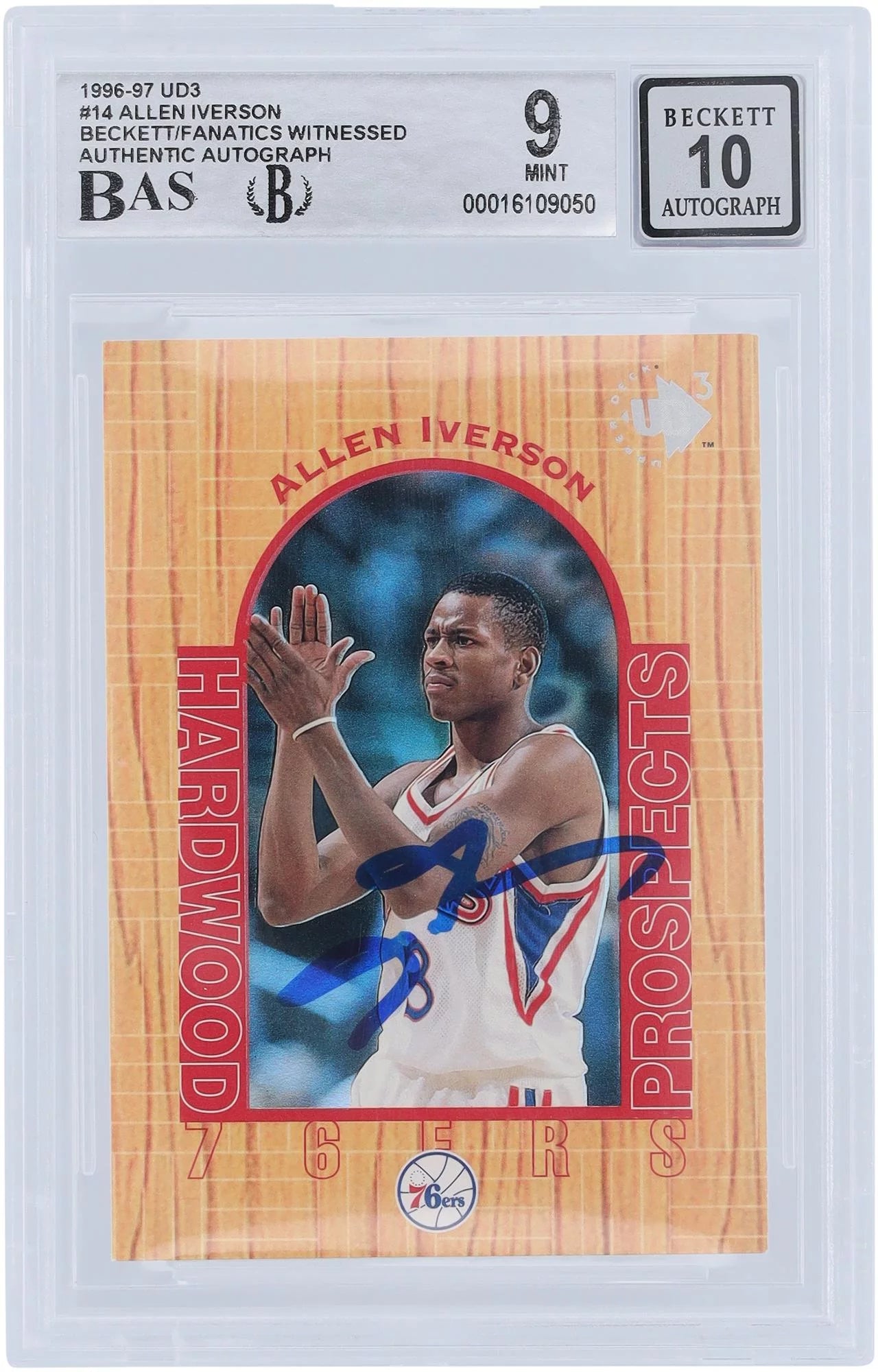 Allen Iverson Philadelphia 76ers Autographed 1996-97 Upper Deck UD3 Hardwood Prospects #14 Beckett Fanatics Witnessed Authenticated 9/10 Rookie Card - Fanatics Authentic Certified