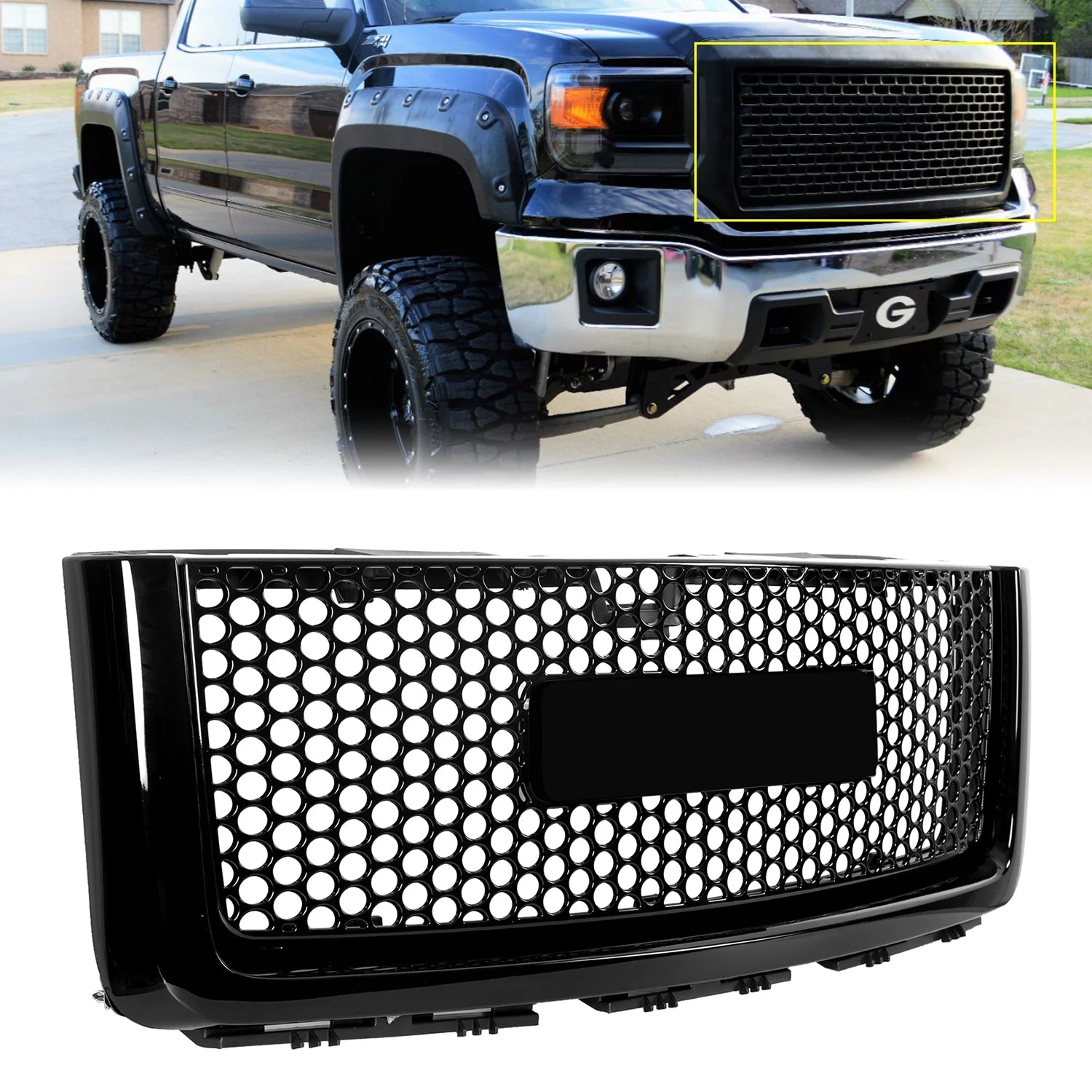 Kojem Front Bumper Upper Hood Center  Mesh Grill Grille Honeycomb Style for 07 08 09 10 11 12 13 GMC Sierra 1500 25810704 25810705