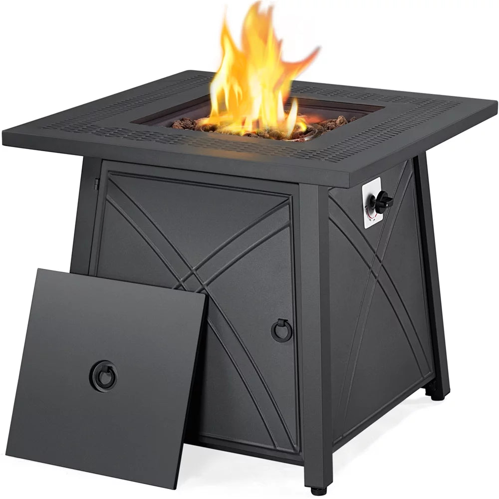 Easyfashion 28 Gas Fire Pit Table with Lid and Iron Tabletop for Outside, Black