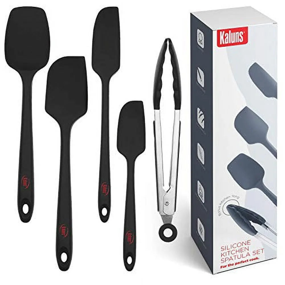 Kaluns 5-Piece Spatula set Black Includes 4 Silicone Spatulas and One 9 Tong, Rubber Kitchen Tools for Cooking, Baking and Mixing, Strong Stainless steel core design, Non-stick, 600F Heat resistant
