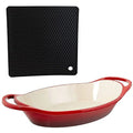 Lodge Red Enameled Dual Handles Cast Iron 2qt Oval Casserole and Signature Series Heat Resistant Silicon Pot Holder Trivet Mat