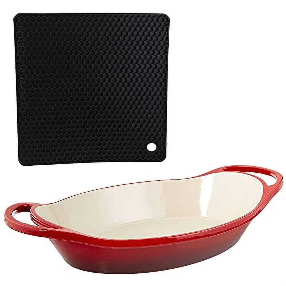 Lodge Red Enameled Dual Handles Cast Iron 2qt Oval Casserole and Signature Series Heat Resistant Silicon Pot Holder Trivet Mat