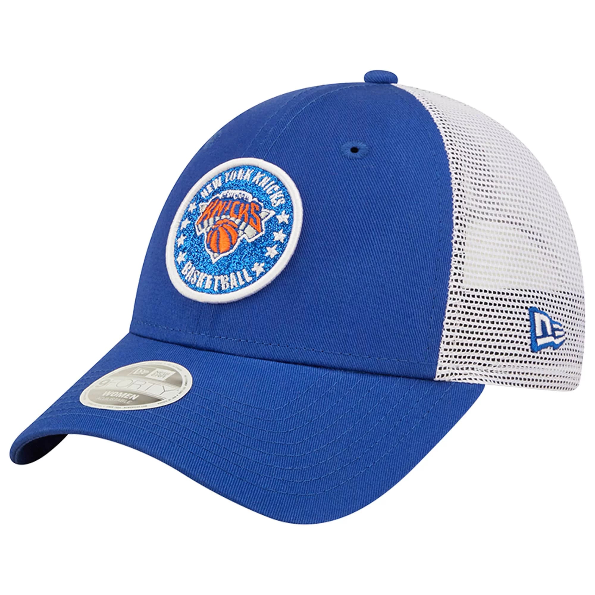 Women's New Era Blue/White New York Knicks Glitter Patch 9FORTY Snapback Hat - OSFA