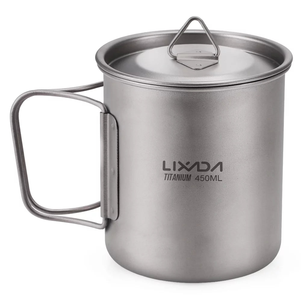 Lixada Ultralight Titanium Cup Outdoor Portable Camping Picnic Water Cup Mug with Foldable Handle 300ml / 350ml / 450ml / 550ml / 650ml / 750ml