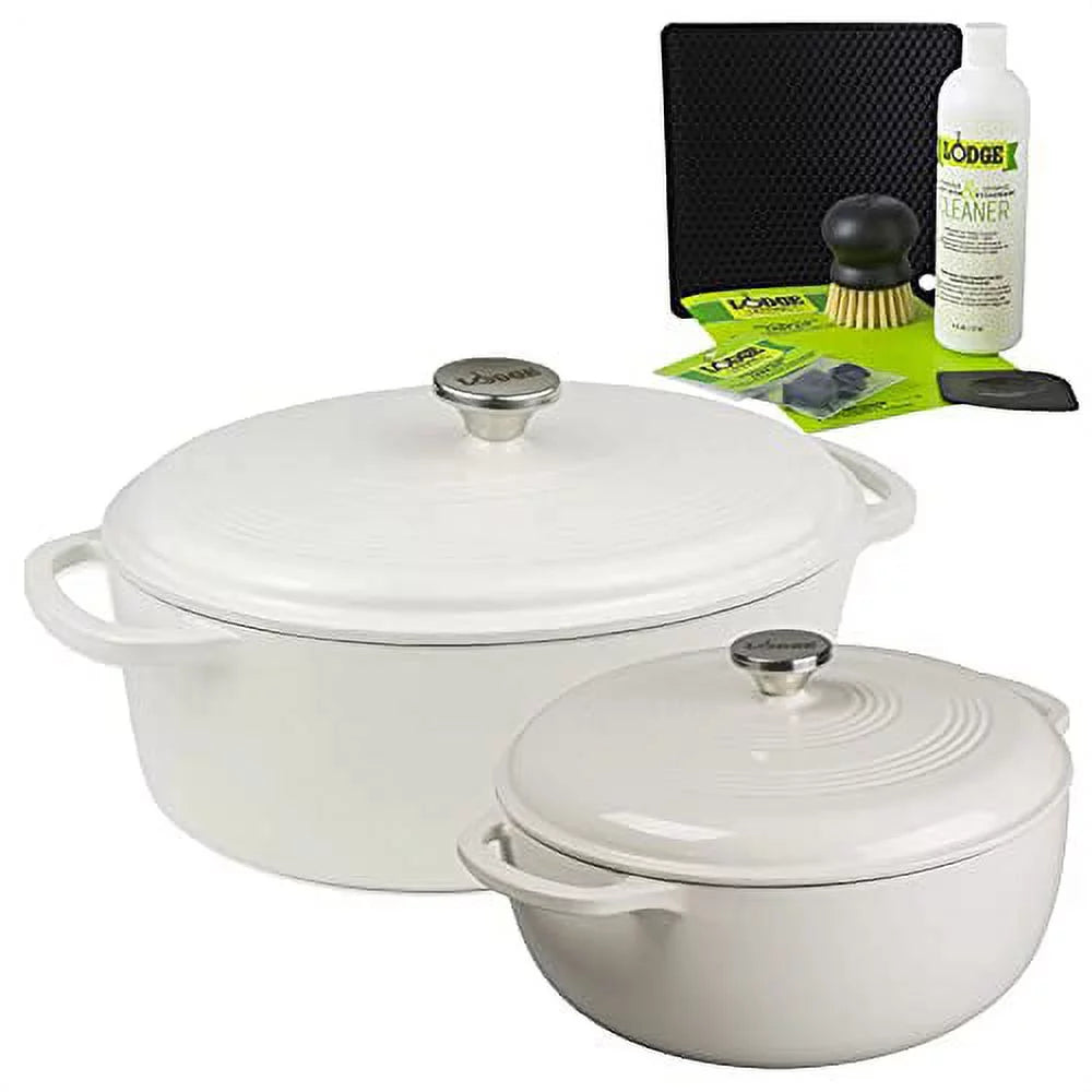 Lodge 2-Piece Enameled Cast Iron Dutch Oven Cookware Set with Dual Handles, Oyster - Includes 6qt Dutch Oven and 7qt Oval Dutch Oven with Enameled Cast Iron Care Kit and Signature Series Trivet