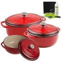 Lodge 3-Piece Enameled Cast Iron Dutch Oven Cookware Set with Dual Handles, Red - Includes 6qt, 7.5qt Dutch Ovens and 7qt Oval Dutch Oven with Enameled Cast Iron Care Kit and Signature Series Trivet