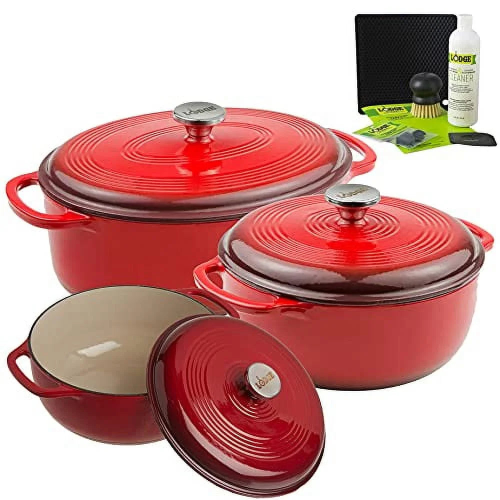 Lodge 3-Piece Enameled Cast Iron Dutch Oven Cookware Set with Dual Handles, Red - Includes 6qt, 7.5qt Dutch Ovens and 7qt Oval Dutch Oven with Enameled Cast Iron Care Kit and Signature Series Trivet