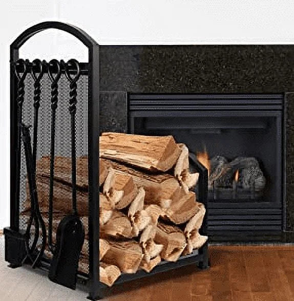 Kojem Fire Wood Rack 27.5in Tall with 4 Fireplace Tools Indoor Outdoor Firewood Holders Wood Holder Rack Lumber Storage Stacking Heavy Duty Wrought Iron Log Bin Holder