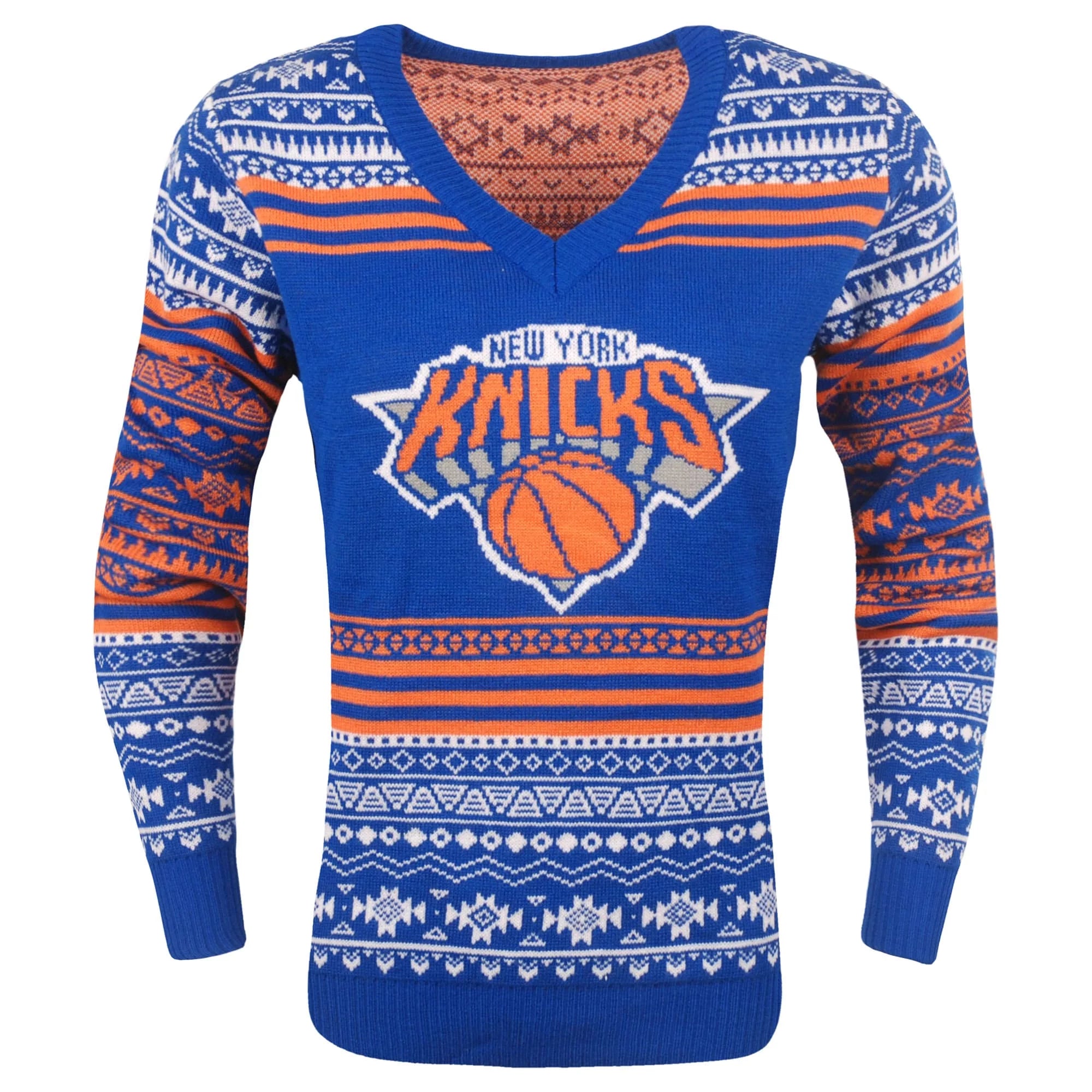 New York Knicks Women's Big Logo Aztec V-Neck Sweater - Blue