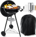 Outdoor Charcoal Grill Set, 18In Kettle Barbecue Grill & Charcoal Chimney & Grill Cover, 2-In-1 Portable BBQ Grill for Camping/Backyard/Patio/Picnic, Black Porcelain-Enameled Lid & Fire Bowl