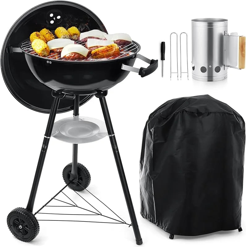 Outdoor Charcoal Grill Set, 18In Kettle Barbecue Grill & Charcoal Chimney & Grill Cover, 2-In-1 Portable BBQ Grill for Camping/Backyard/Patio/Picnic, Black Porcelain-Enameled Lid & Fire Bowl