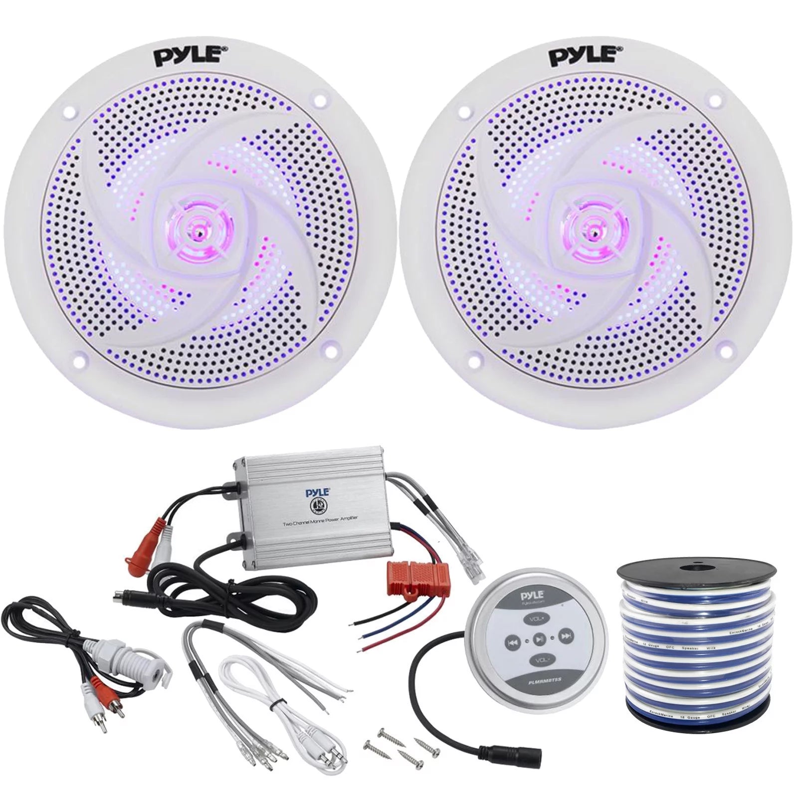 2 x Pyle 5.25 2-Way Marine 180W Audio Stereo LED Speakers, Pyle Waterproof 600 Watt Bluetooth 2-Channel Boat Yacht Amplifier System, Enrock Marine-Grade 18-Gauge Speaker Wire