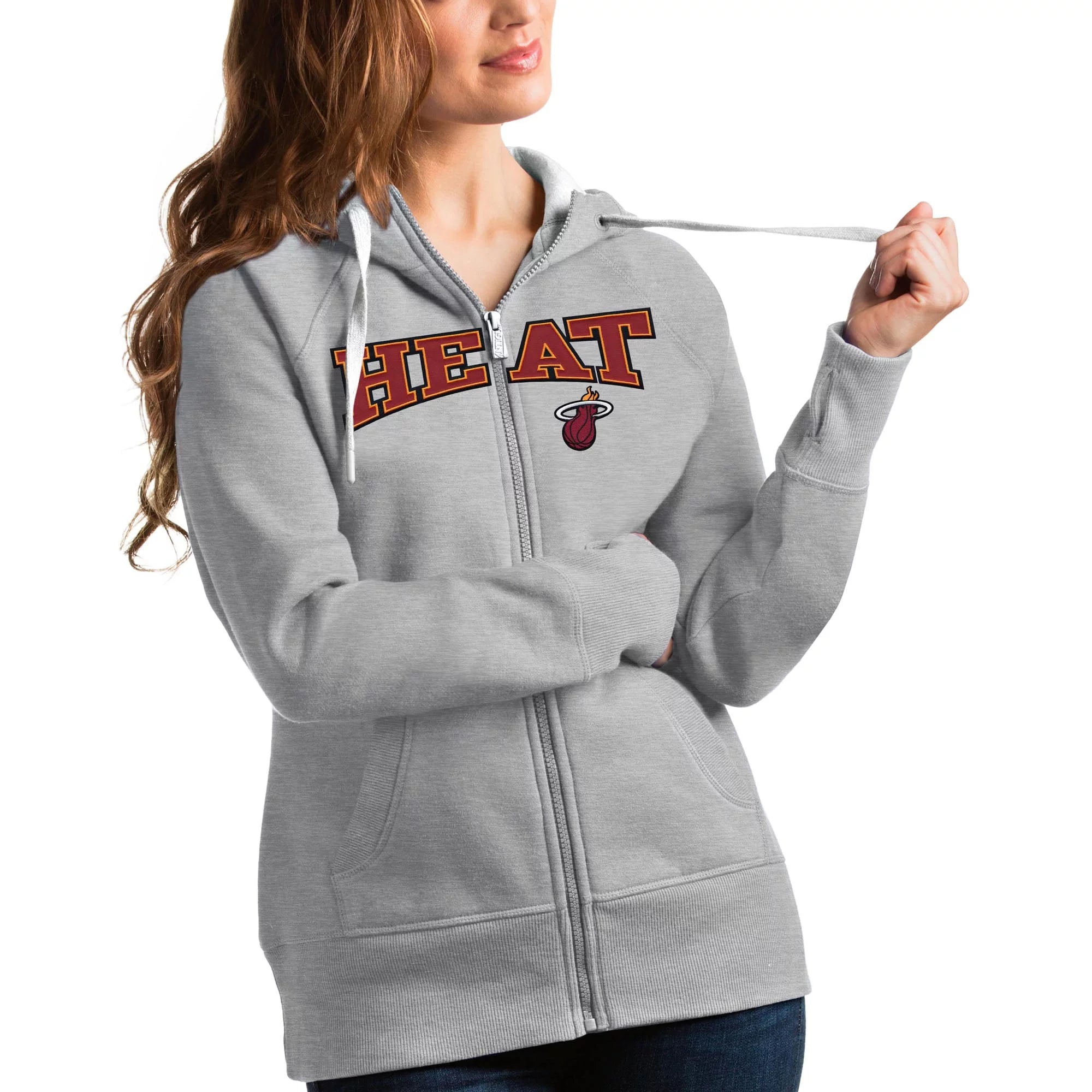 Women's Antigua Heathered Gray Miami Heat Team Victory Full-Zip Hoodie