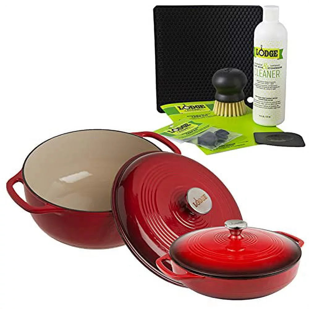 Lodge 2-Piece Enameled Cast Iron Dutch Oven and Casserole Cookware Set with Dual Handles, Red - Includes 6qt Dutch Oven and 3.6qt Casserole with Enameled Cast Iron Care Kit and Signature Series Trivet