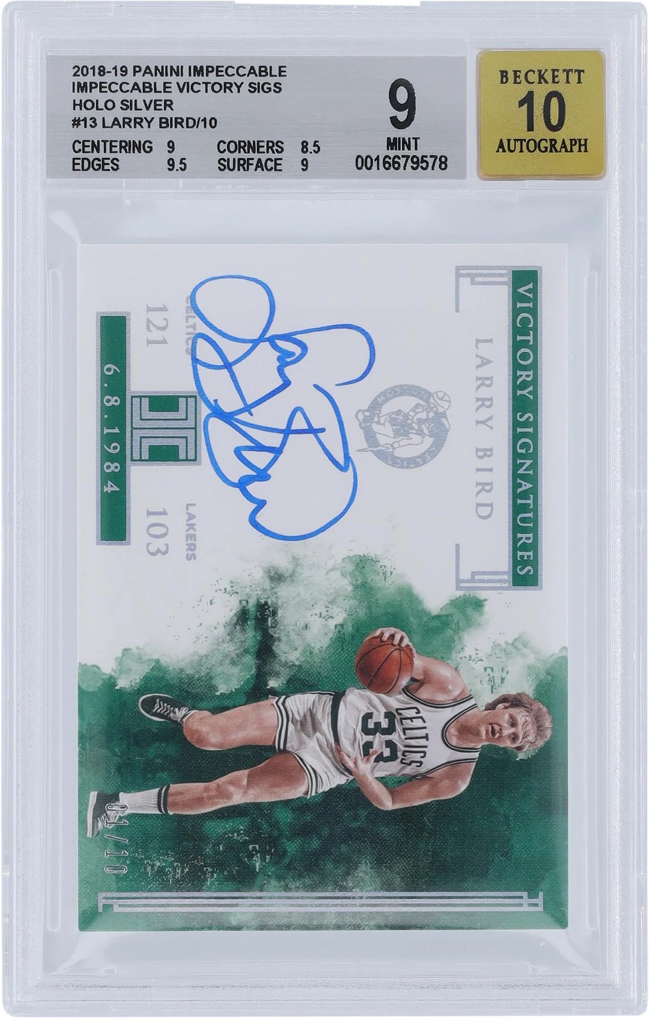 Larry Bird Boston Celtics Autographed 2018-19 Panini Impeccable Holo Silver #IV-LBD #1/10 BGS Authenticated 9/10 Card - 9,8.5,9.5,9 Subgrades - Fanatics Authentic Certified