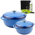 Lodge 2-Piece Enameled Cast Iron Dutch Oven Cookware Set with Dual Handles and Lids, Blue - Includes 6qt, 7.5qt Dutch Ovens with Enameled Cast Iron Care Kit and Signature Series Trivet