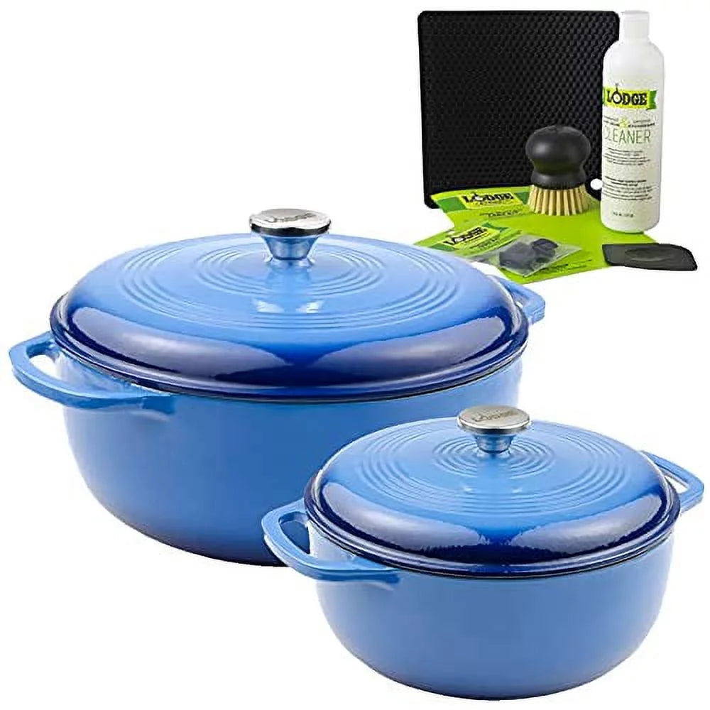 Lodge 2-Piece Enameled Cast Iron Dutch Oven Cookware Set with Dual Handles and Lids, Blue - Includes 6qt, 7.5qt Dutch Ovens with Enameled Cast Iron Care Kit and Signature Series Trivet
