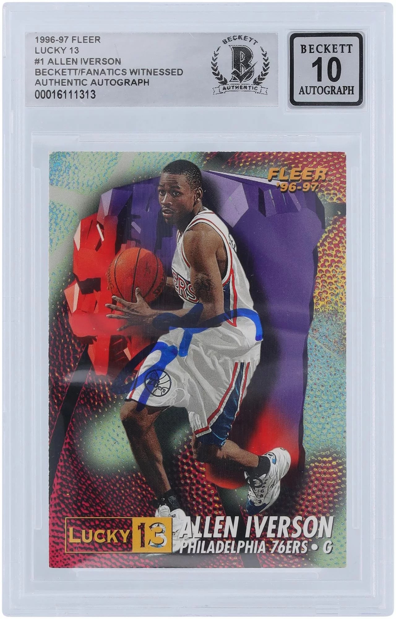 Allen Iverson Philadelphia 76ers Autographed 1996-97 Fleer Lucky 13 #1 Beckett Fanatics Witnessed Authenticated 10 Rookie Card - Fanatics Authentic Certified