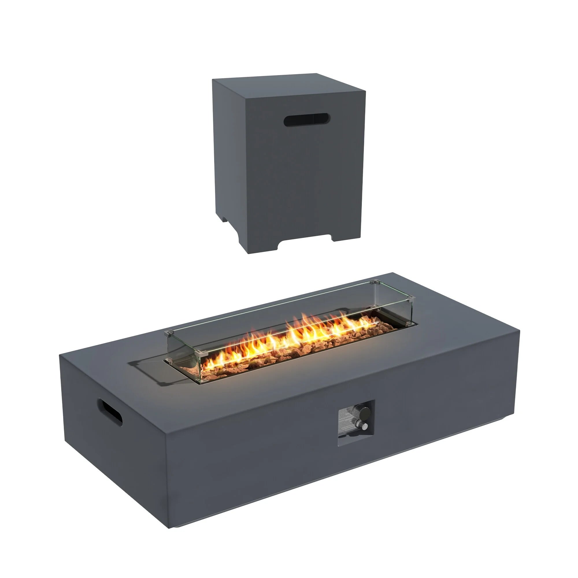 56 Rectangular Magnesium Oxide Smokeless Fire Pit Table with Tank Holder and Wind Guard for Backyard Patio Bonfire Party Grey