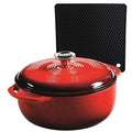 Lodge Red Enameled Dual Handles Cast Iron 6qt Dutch Oven with Lid and Signature Series Heat Resistant Silicon Pot Holder Trivet Mat