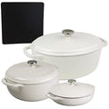 Lodge 3-Piece Enameled Cast Iron Dutch Oven and Casserole Dish Cookware Set with Dual Handles, Oyster - Includes 6qt Dutch Oven, 7qt Oval Dutch Oven, 3.6qt Casserole and Signature Series Trivet