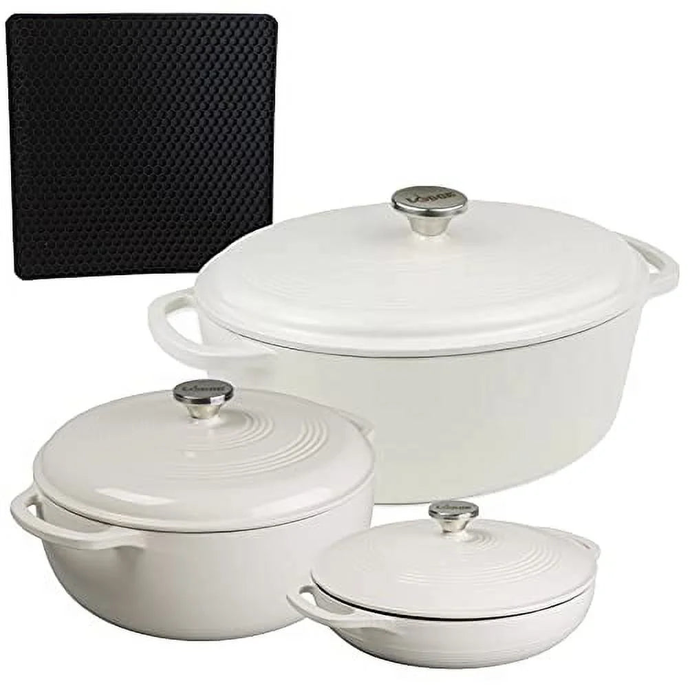 Lodge 3-Piece Enameled Cast Iron Dutch Oven and Casserole Dish Cookware Set with Dual Handles, Oyster - Includes 6qt Dutch Oven, 7qt Oval Dutch Oven, 3.6qt Casserole and Signature Series Trivet