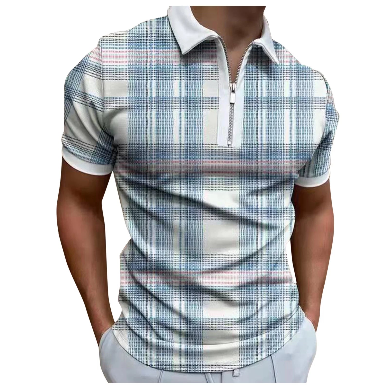 Men's Short Sleeve Polo Shirts Zipper Classic Slim Fit Casual Fashion Plaid T-Shirts Big & Tall Summer Beach Shirt Tops