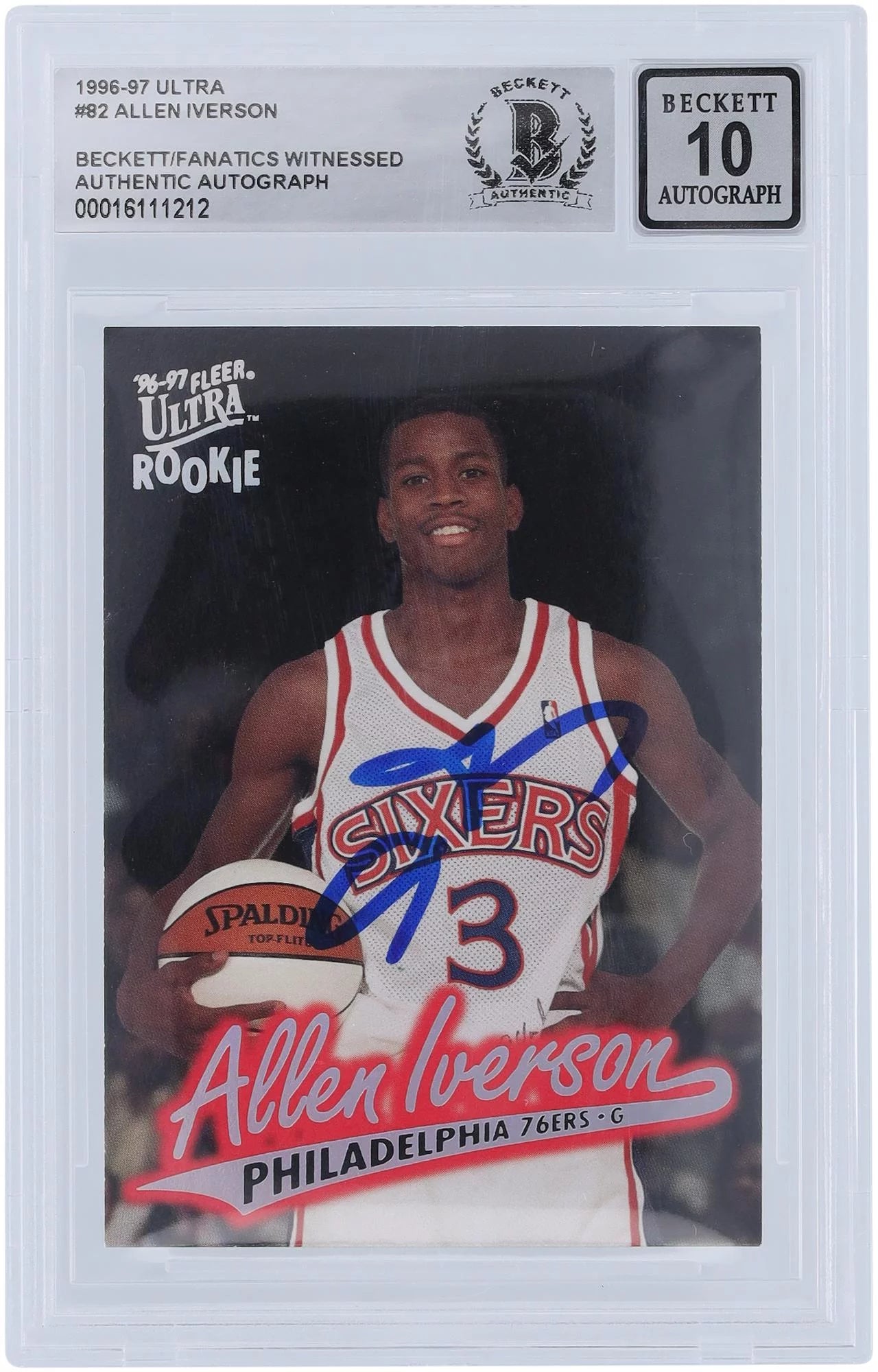 Allen Iverson Philadelphia 76ers Autographed 1996-97 Fleer Ultra #82 Beckett Fanatics Witnessed Authenticated 10 Rookie Card - Fanatics Authentic Certified