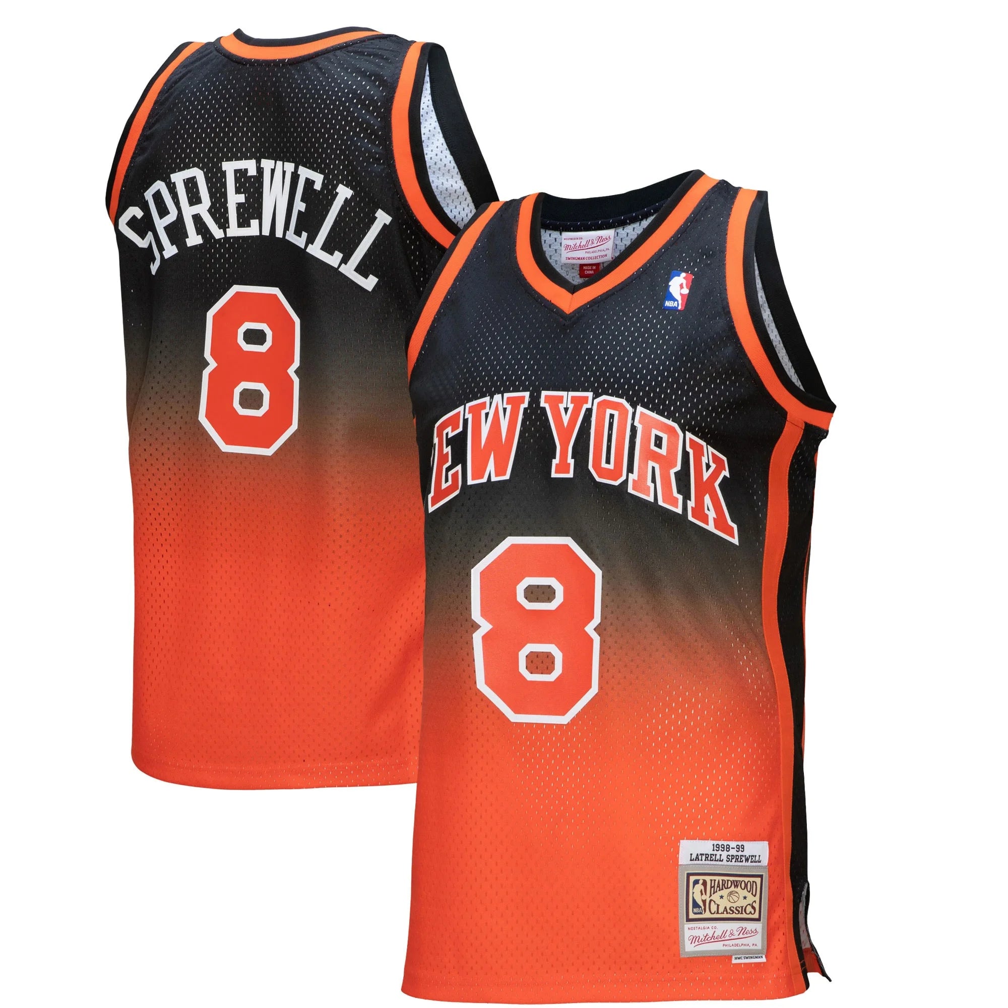 Men's Mitchell & Ness Latrell Sprewell Orange/Black New York Knicks 1998/99 Hardwood Classics Fadeaway Swingman Player