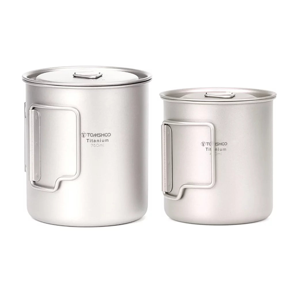 TOMSHOO Ultralight Titanium Cup Portable 2PCS Cup Set 450ml 750ml Camping Picnic Water Cup Mug with Foldable Handle
