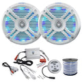 2 x Pyle 6.5 Audio 250W Marine Grade Multicolor LED 2-Way White Stereo Speakers, Pyle Waterproof 600 Watt Bluetooth 2-Channel Boat Yacht Amplifier System, Enrock Speaker Wire