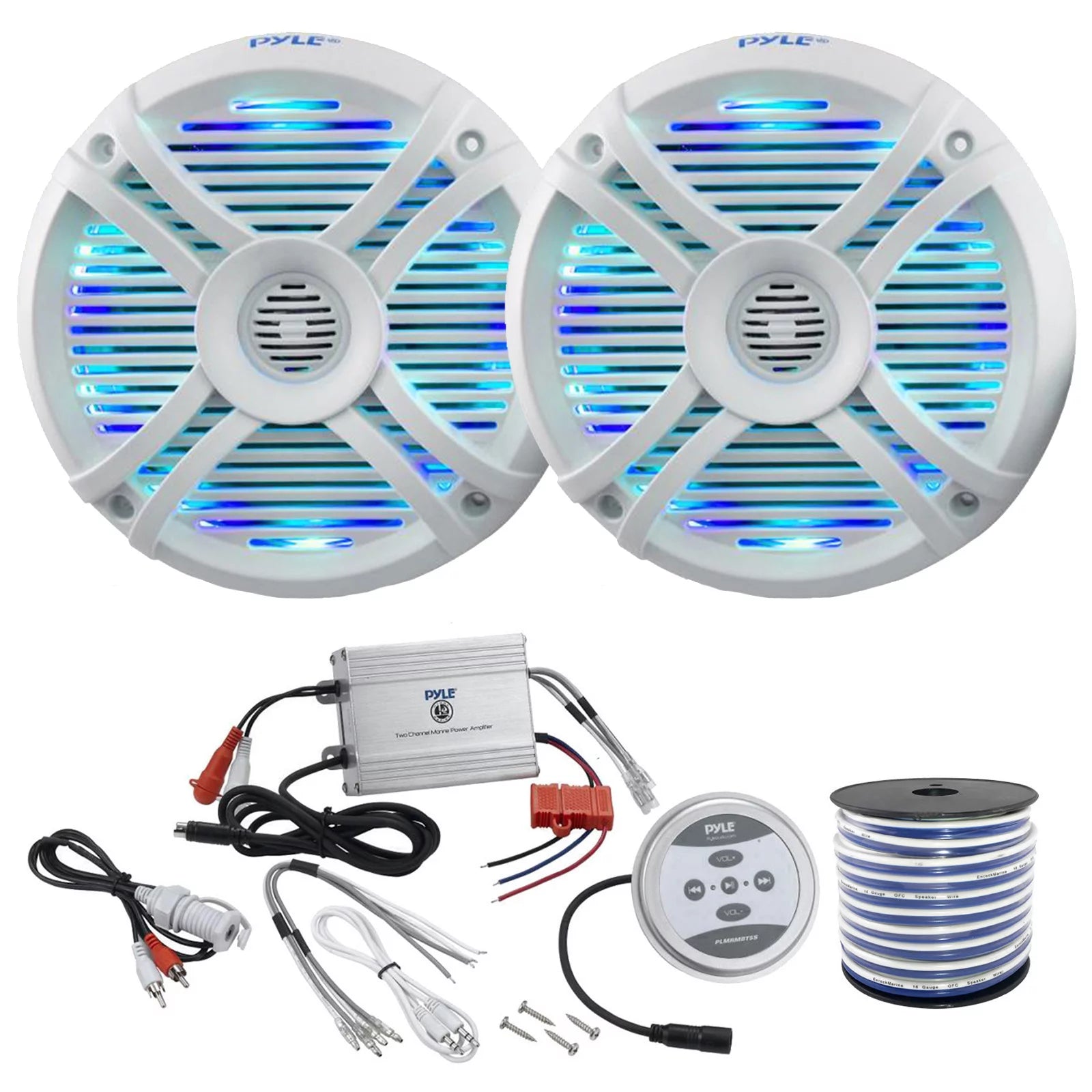 2 x Pyle 6.5 Audio 250W Marine Grade Multicolor LED 2-Way White Stereo Speakers, Pyle Waterproof 600 Watt Bluetooth 2-Channel Boat Yacht Amplifier System, Enrock Speaker Wire