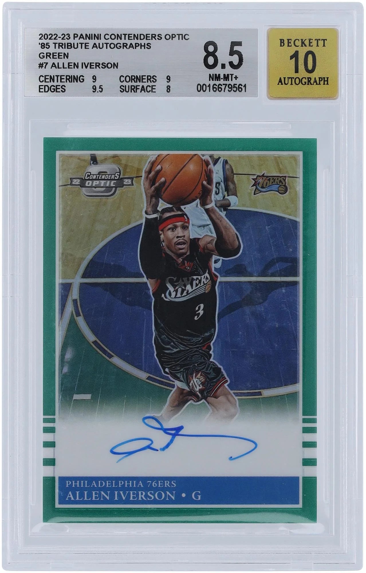 Allen Iverson Philadelphia 76ers Autographed 2022-23 Panini Contenders Optic Green #85-AIV #12/49 BGS Authenticated 8.5/10 Card - 9,9,9.5,8 Subgrades - Fanatics Authentic Certified