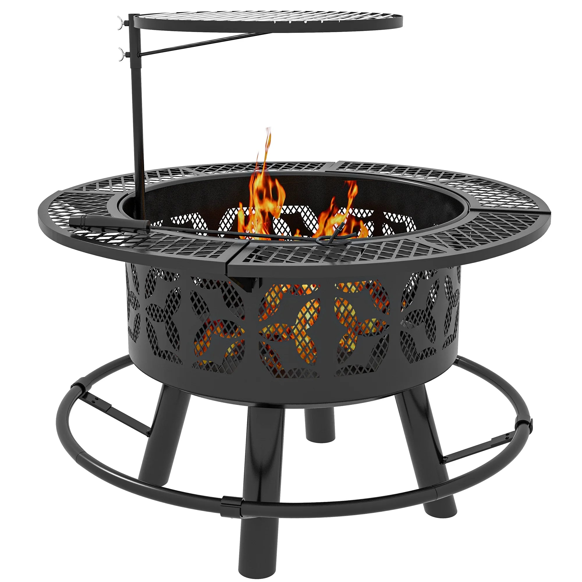 Capri 2-in-1 Fire Pit, BBQ Grill, 33 Round Wood Burning Firepit with Poker, Adjustable Height, for Outdoor Backyard, Patio, Picnic, Black