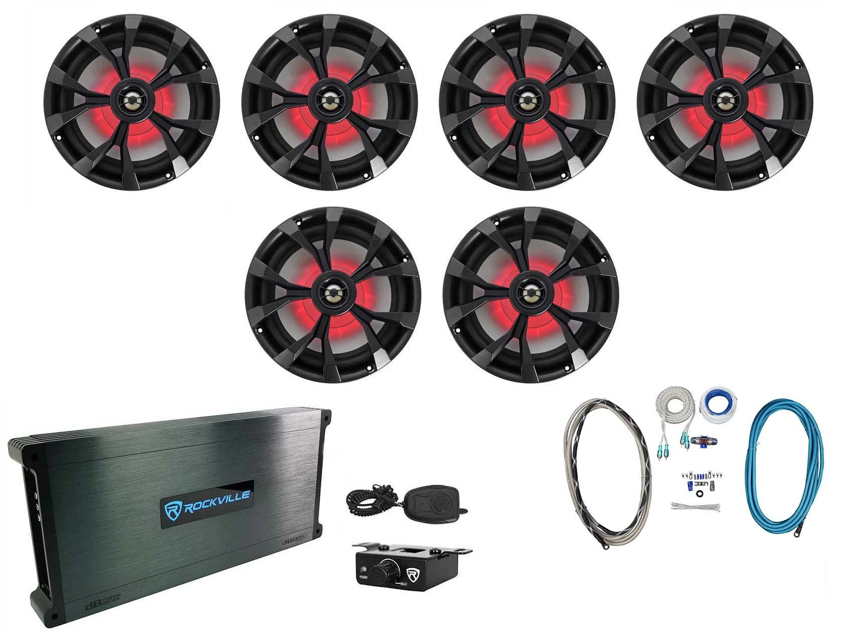 (6) Rockville RKL80MB 8 700w Marine Boat Speakers w/LED+Amplifier+Amp Kit
