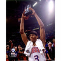 Allen Iverson Philadelphia 76ers Unsigned Holding Up 1997 Rookie Game MVP Trophy Photograph