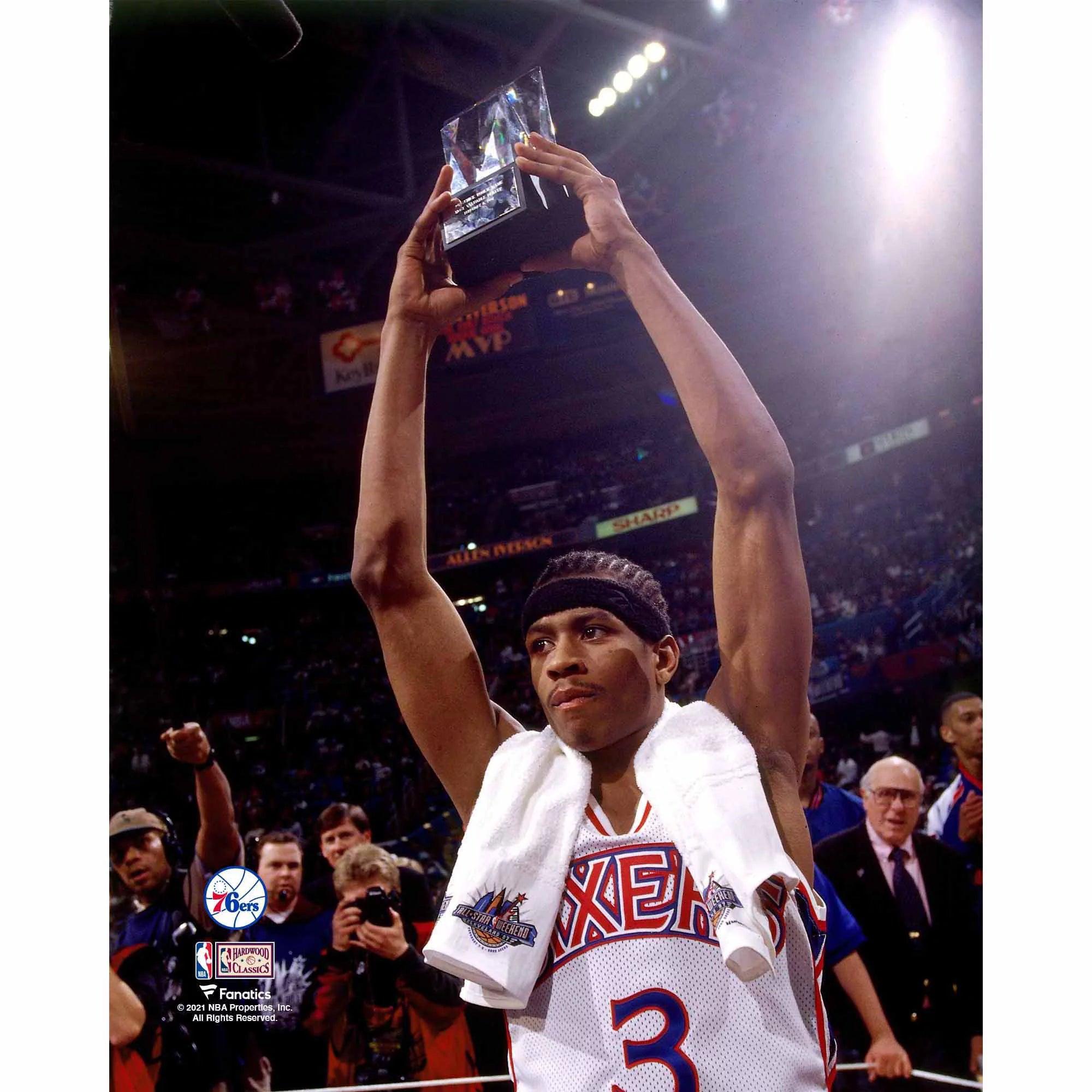 Allen Iverson Philadelphia 76ers Unsigned Holding Up 1997 Rookie Game MVP Trophy Photograph