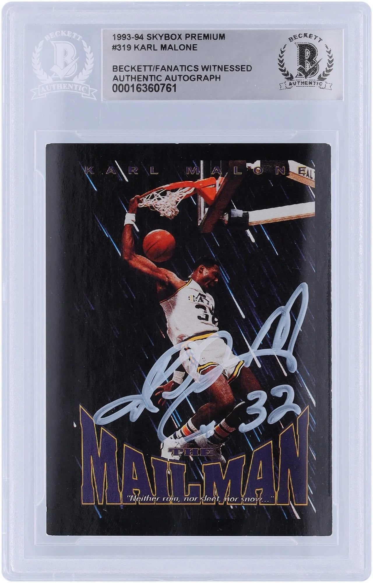 Karl Malone Utah Jazz Autographed 1993-94 Skybox Premium #319 Beckett Fanatics Witnessed Authenticated Card - Fanatics Authentic Certified