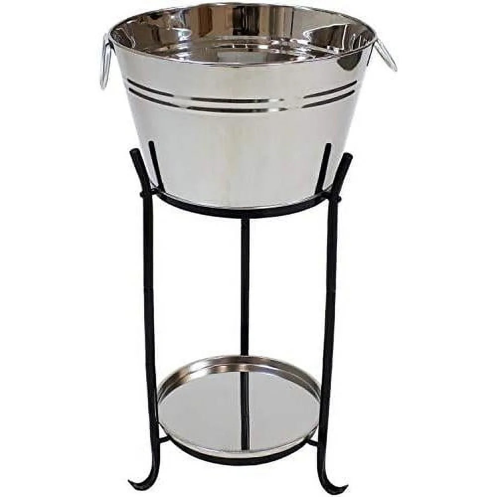Ice Bucket Drink Cooler With Stand And Tray - Stainless Steel - Holds Beer, Wine, Champagne And More