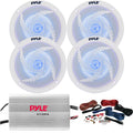 4 x Pyle 6.5 Marine 240W Waterproof White Full-Range Component Speakers with Blue LED Lights, 4-Channel 400W MP3/iPod 2-Ohm Stereo Stable Amplifier, Amp Installation Kit