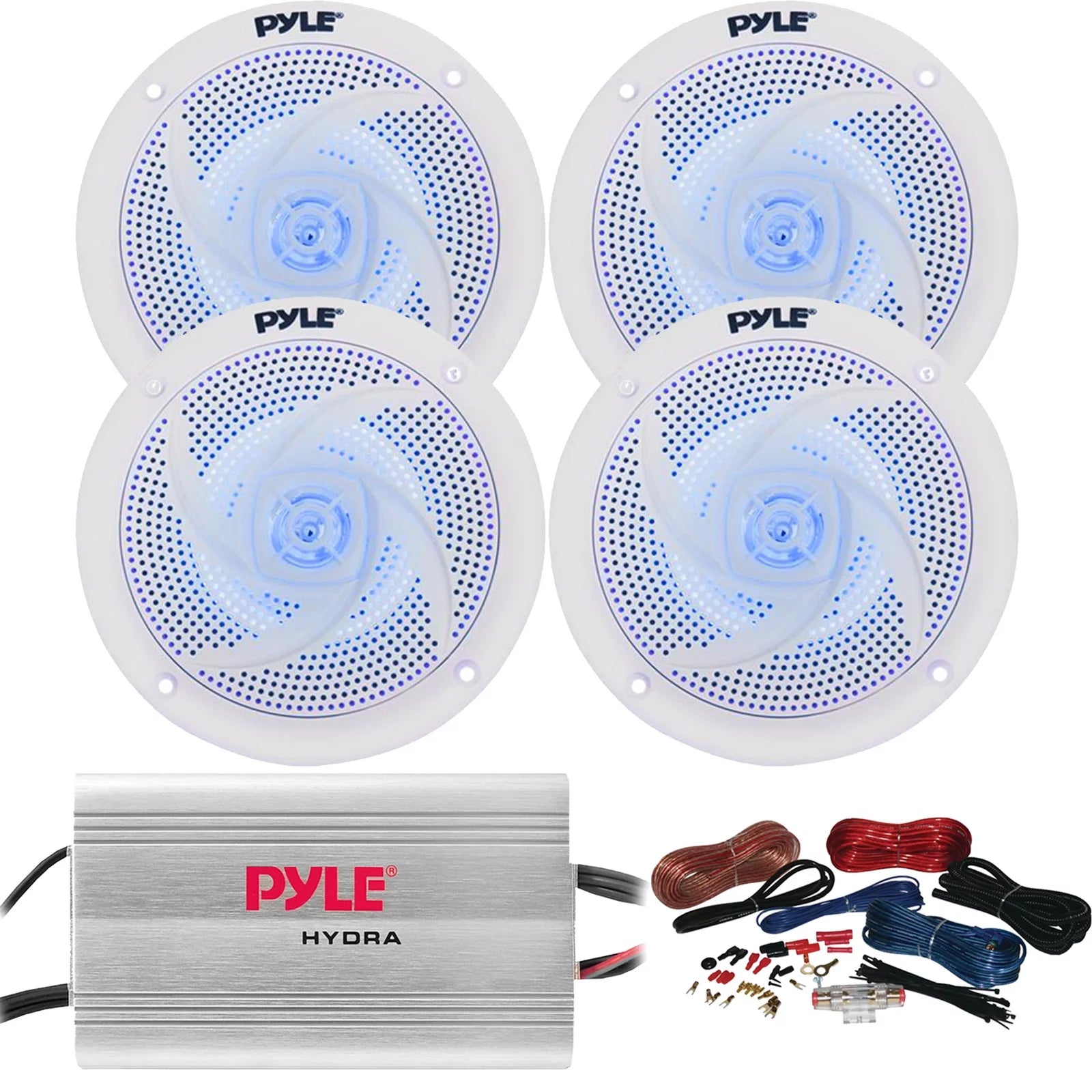 4 x Pyle 6.5 Marine 240W Waterproof White Full-Range Component Speakers with Blue LED Lights, 4-Channel 400W MP3/iPod 2-Ohm Stereo Stable Amplifier, Amp Installation Kit