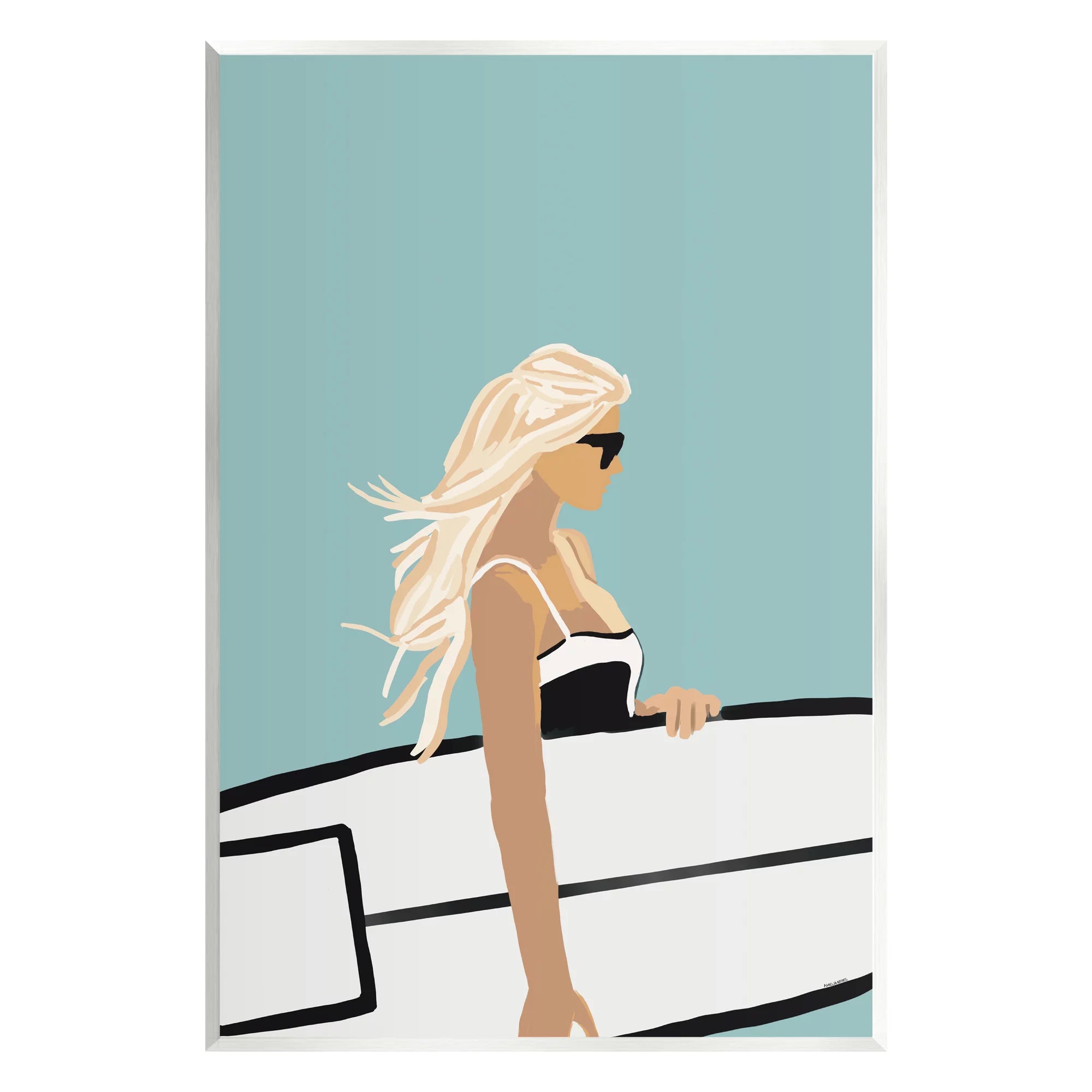 Stupell Industries Woman Carrying Surf Board Windblown Beach Hair Graphic Art Unframed Art Print Wall Art, Design by Amelia Noyes