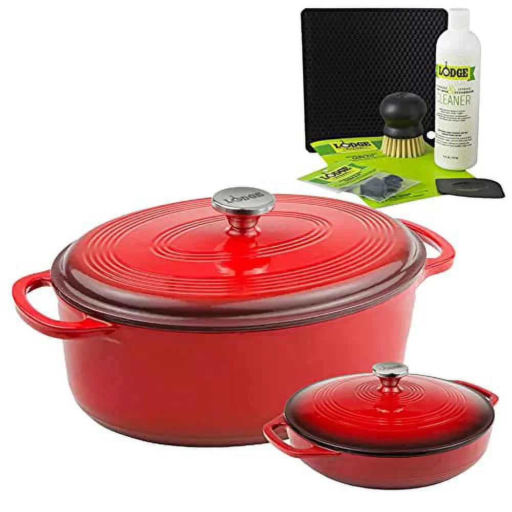 Lodge 2-Piece Enameled Cast Iron Dutch Oven and Casserole Cookware Set with Dual Handles, Red - Includes 7qt Oval Dutch Oven, 3.6qt Casserole, Enameled Cast Iron Care Kit and Signature Series Trivet